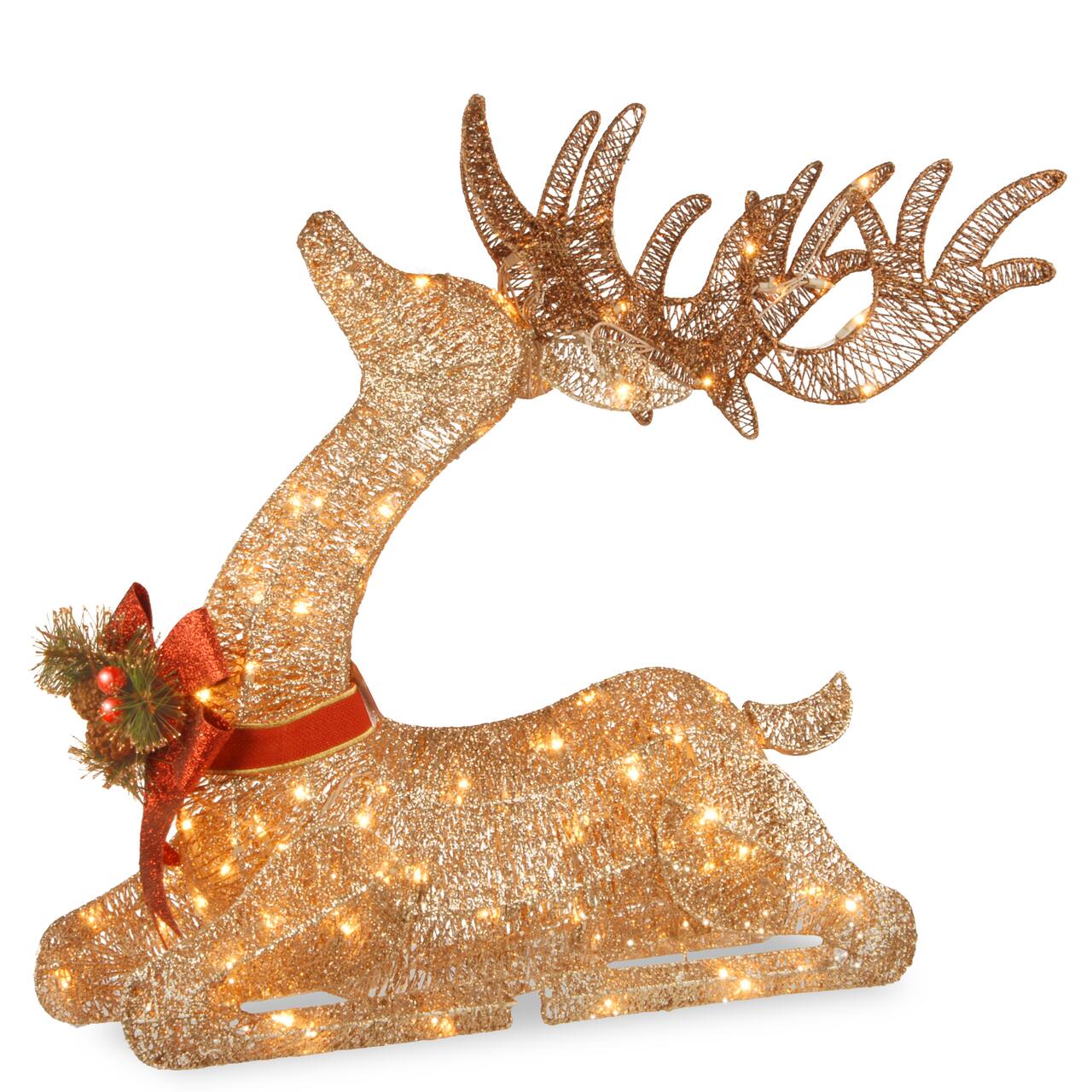 2.8ft. Sisal Splendor Champagne Lying Deer with 105 Mini Clear Lights